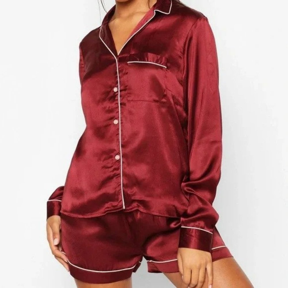 EUC Red Satin PJ Set - Burgundy - Boohoo